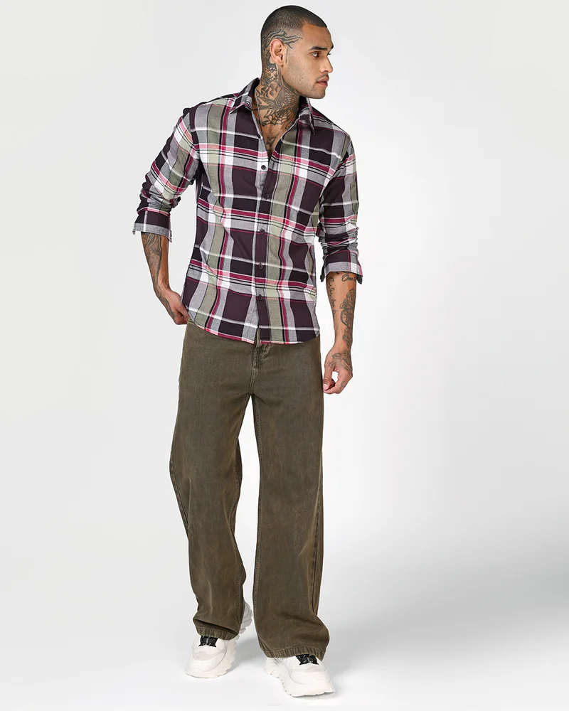 bewakoof  Men's Maroon & Green Checked Shirt  | Best Price UAE